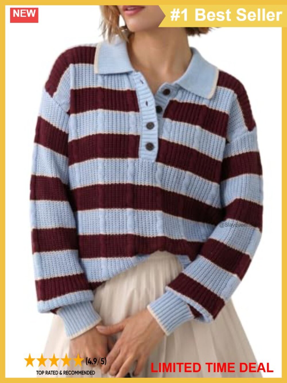 Button Polo Lapel Collar Cable Knit Pullover Sweater Loose Fit Women's